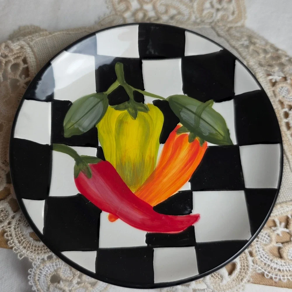 2005 Certified International Stephanie Stouffer Checkered Vegetable Plate Pair